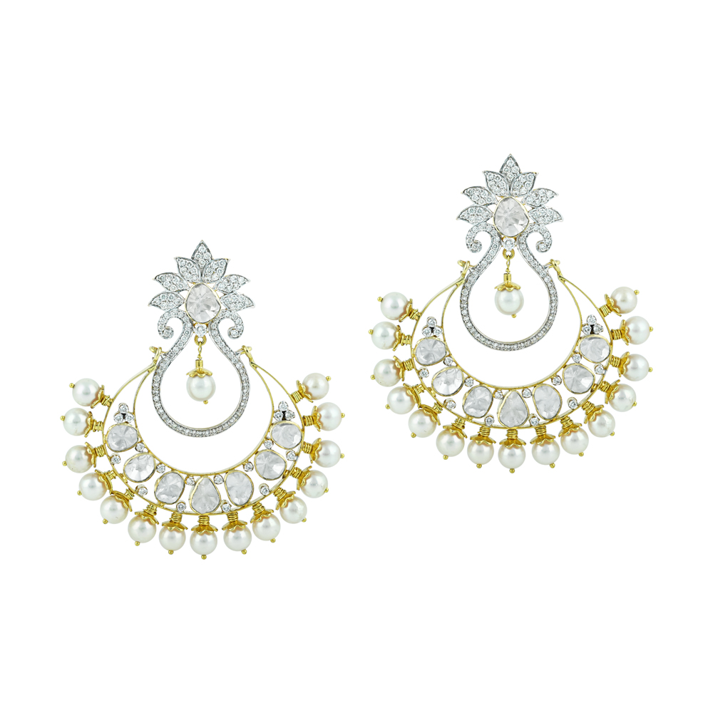 Chandbali Earrings with Polki, Floral Design, and Pearls